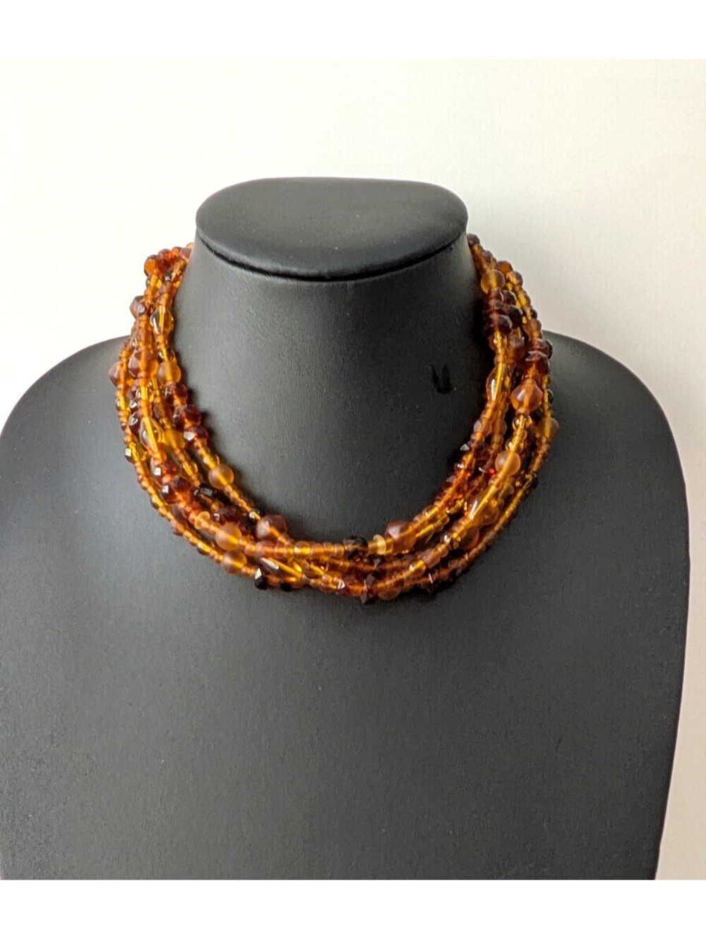 Vintage Czech Glass Necklace Multi-Strand Amber Statement Bohemian Choker 16"-19